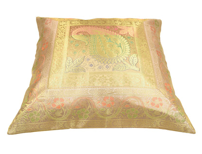 16x16" Beige-Gold Banarasi Silk Cushion Cover Featuring Zari Brocade Paisley