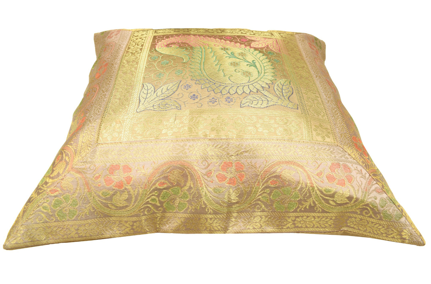 16x16" Beige-Gold Banarasi Silk Cushion Cover Featuring Zari Brocade Paisley