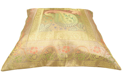 16x16" Beige-Gold Banarasi Silk Cushion Cover Featuring Zari Brocade Paisley