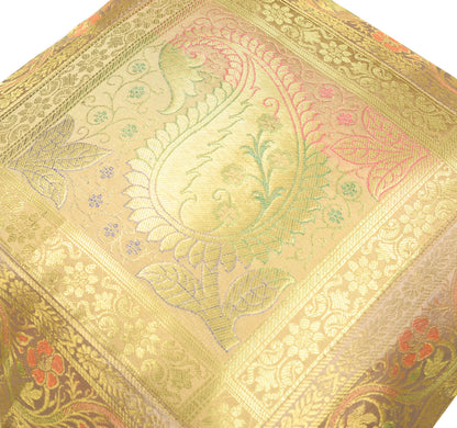 16x16" Beige-Gold Banarasi Silk Cushion Cover Featuring Zari Brocade Paisley