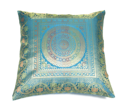 Turquoise Blue Banarasi Silk Cushion Cover 16x16 Featuring Woven Zari Mandala