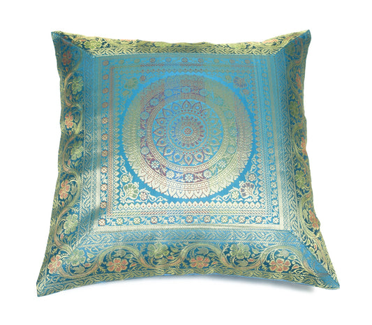 Turquoise Blue Banarasi Silk Cushion Cover 16x16 Featuring Woven Zari Mandala