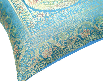Turquoise Blue Banarasi Silk Cushion Cover 16x16 Featuring Woven Zari Mandala