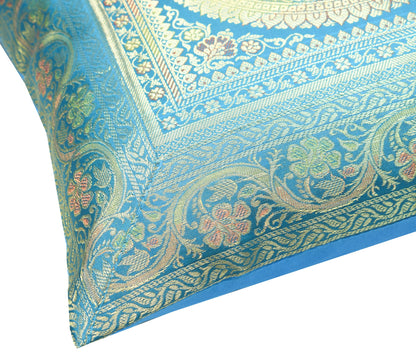 Turquoise Blue Banarasi Silk Cushion Cover 16x16 Featuring Woven Zari Mandala