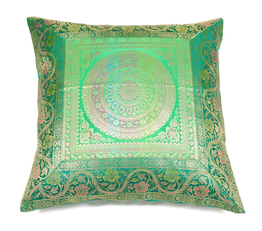 16x16 Inch Green Banarasi Silk Cushion Cover with Woven Zari Brocade and Mandala