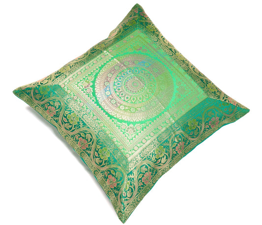 16x16 Inch Green Banarasi Silk Cushion Cover with Woven Zari Brocade and Mandala