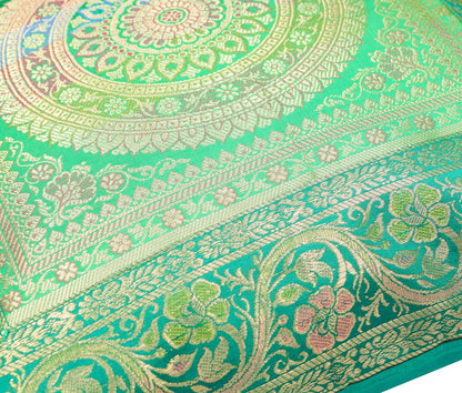 16x16 Inch Green Banarasi Silk Cushion Cover with Woven Zari Brocade and Mandala