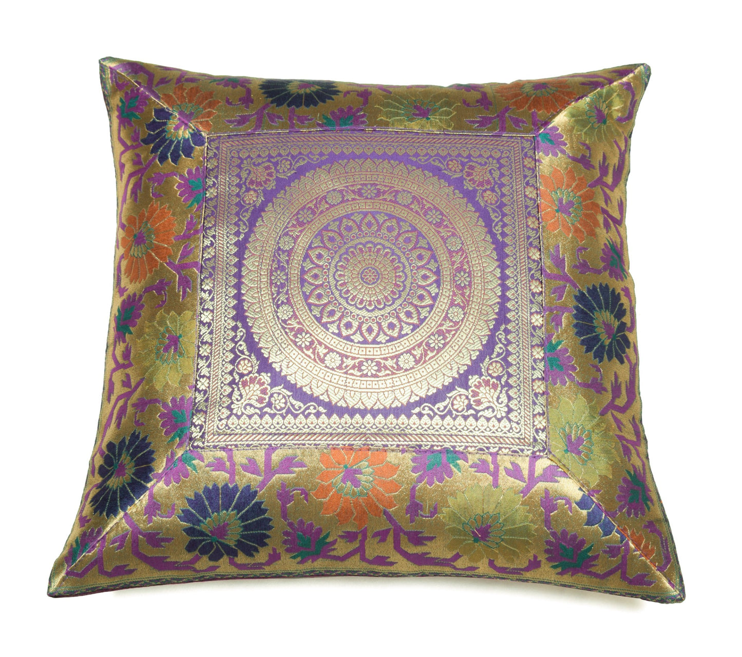 16x16 Inch Purple Indian Woven Zari Brocade Banarasi Silk Mandala Cushion Covers