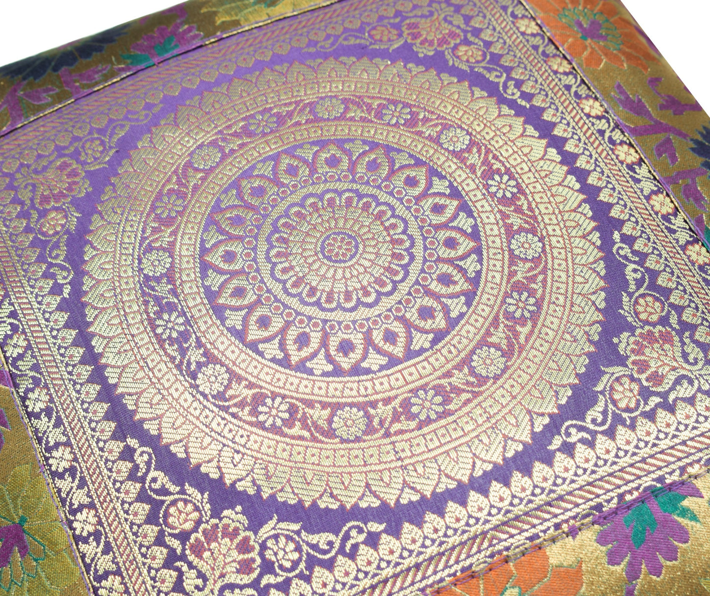 16x16 Inch Purple Indian Woven Zari Brocade Banarasi Silk Mandala Cushion Covers