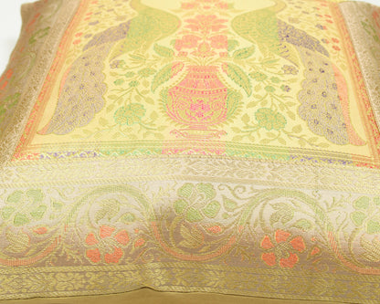 16x16 Inch Beige Cushion Covers Indian Woven Zari Brocade Banarasi Silk Peacock