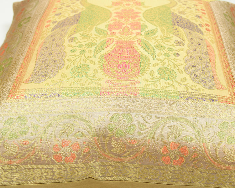 16x16 Inch Beige Cushion Covers Indian Woven Zari Brocade Banarasi Silk Peacock