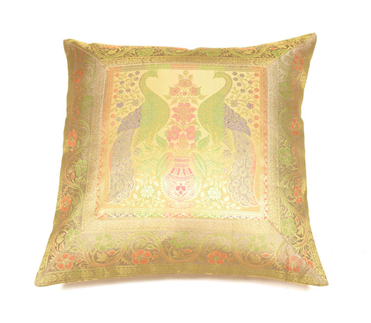 16x16 Inch Beige Cushion Covers Indian Woven Zari Brocade Banarasi Silk Peacock