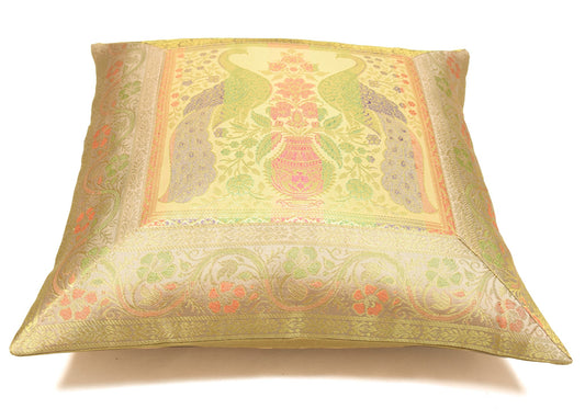 16x16 Inch Beige Cushion Covers Indian Woven Zari Brocade Banarasi Silk Peacock