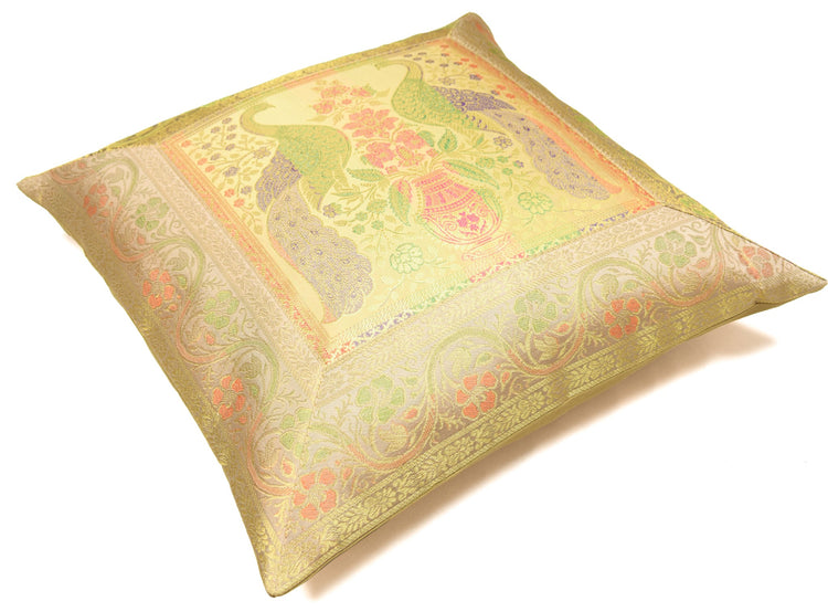 16x16 Inch Beige Cushion Covers Indian Woven Zari Brocade Banarasi Silk Peacock