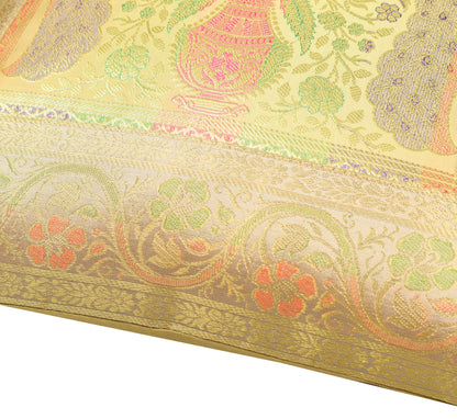 16x16 Inch Beige Cushion Covers Indian Woven Zari Brocade Banarasi Silk Peacock