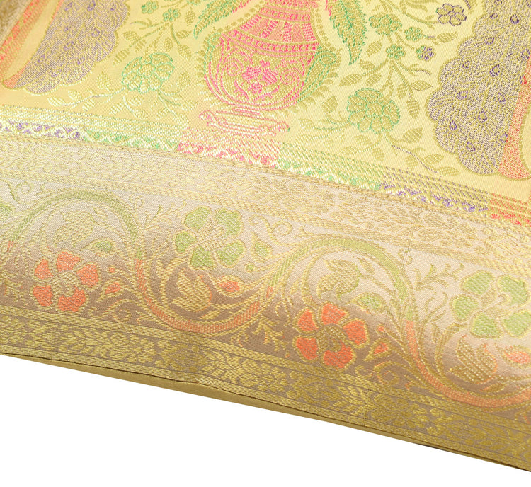 16x16 Inch Beige Cushion Covers Indian Woven Zari Brocade Banarasi Silk Peacock