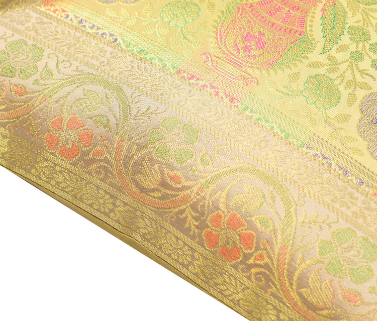 16x16 Inch Beige Cushion Covers Indian Woven Zari Brocade Banarasi Silk Peacock