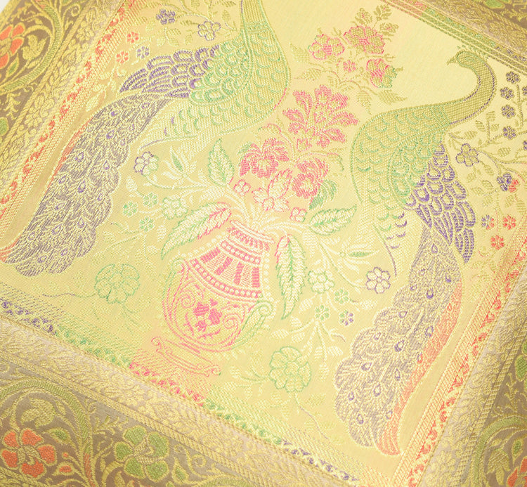16x16 Inch Beige Cushion Covers Indian Woven Zari Brocade Banarasi Silk Peacock