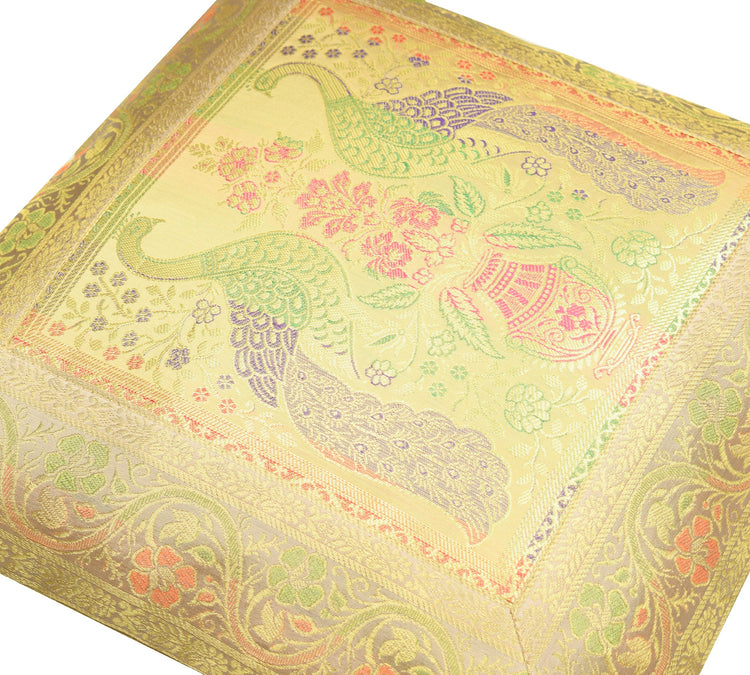 16x16 Inch Beige Cushion Covers Indian Woven Zari Brocade Banarasi Silk Peacock