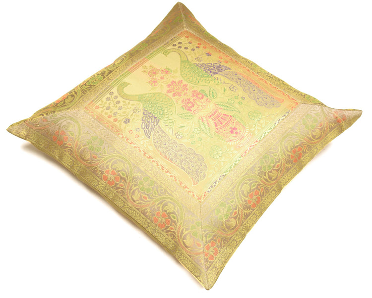 16x16 Inch Beige Cushion Covers Indian Woven Zari Brocade Banarasi Silk Peacock