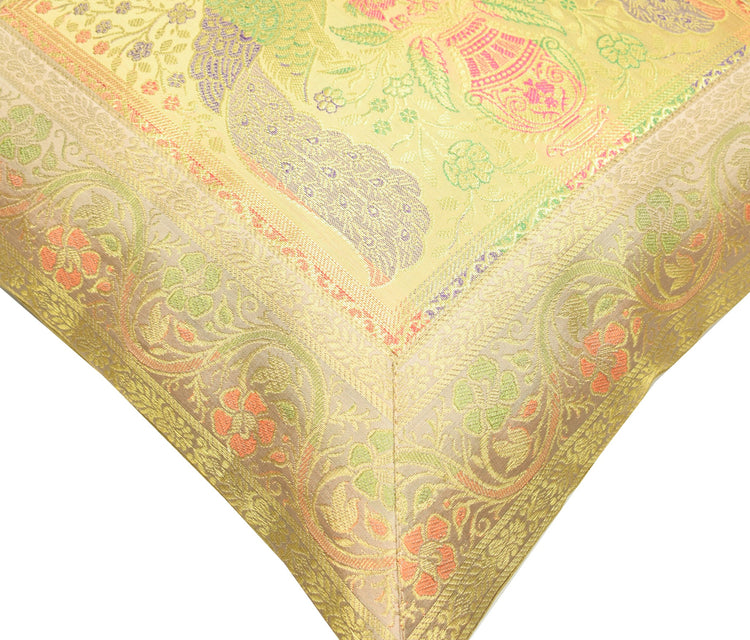 16x16 Inch Beige Cushion Covers Indian Woven Zari Brocade Banarasi Silk Peacock
