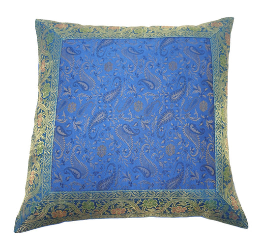 16x16" Banarasi Cushion Cover Woven Zari Brocade Silk Paisley Turquois Blue Gift