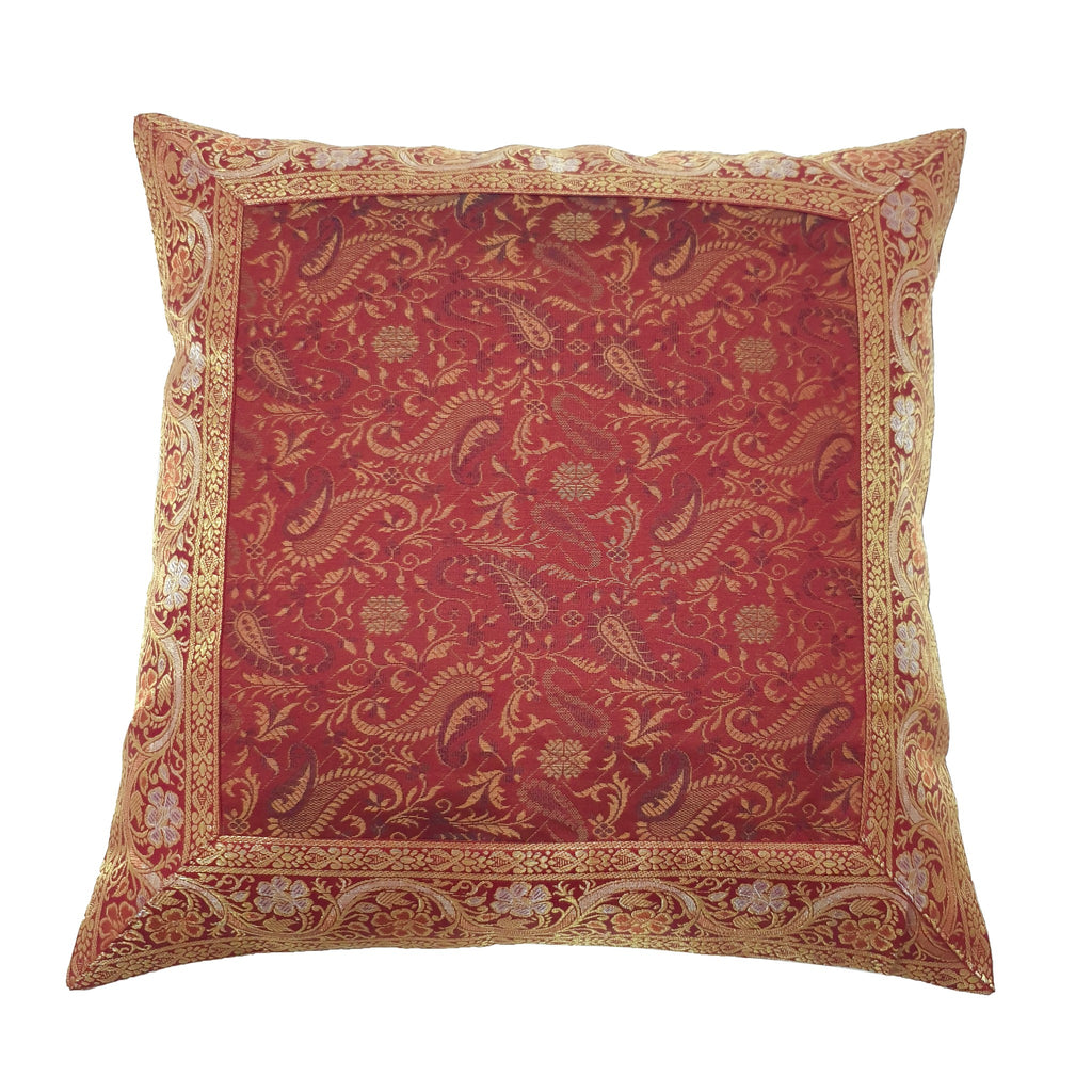16x16 Inch Banarasi Cushion Covers Indian Woven Zari Brocade Silk Paisley Maroon
