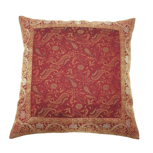 16x16 Inch Banarasi Cushion Covers Indian Woven Zari Brocade Silk Paisley Maroon