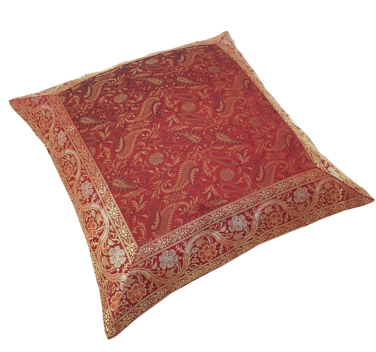 16x16 Inch Banarasi Cushion Covers Indian Woven Zari Brocade Silk Paisley Maroon