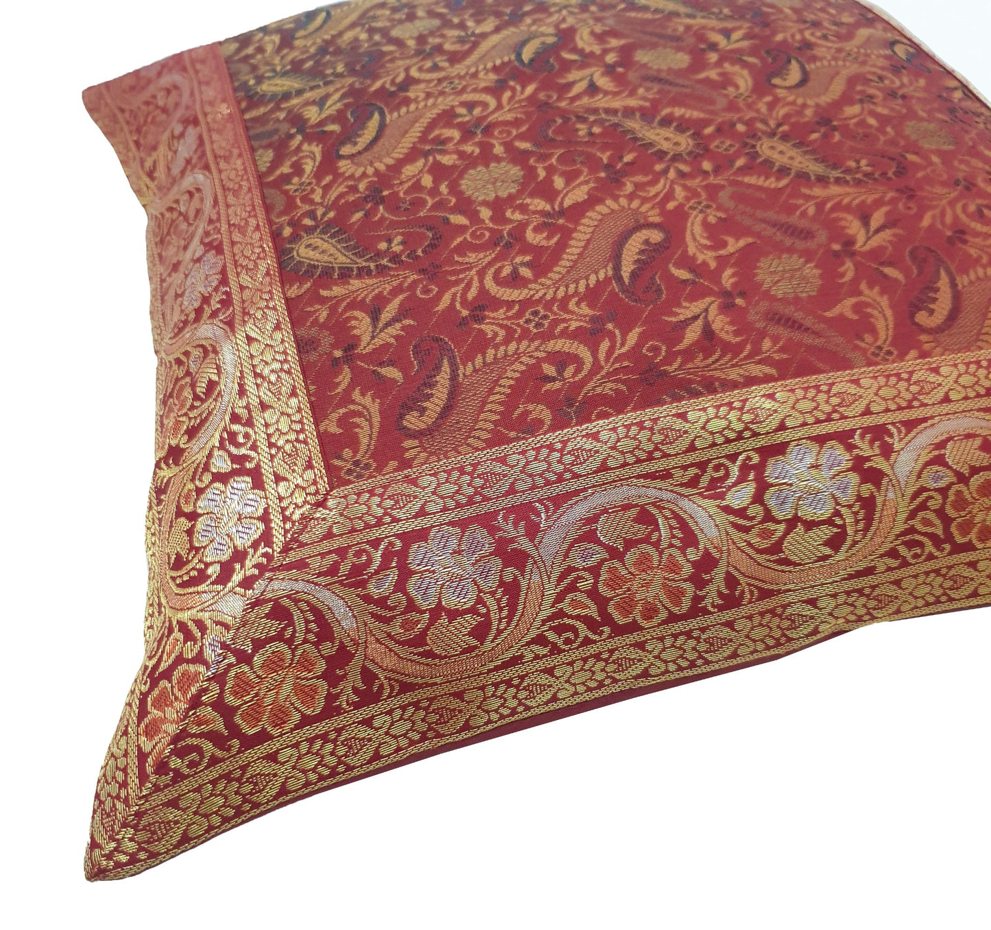 16x16 Inch Banarasi Cushion Covers Indian Woven Zari Brocade Silk Paisley Maroon