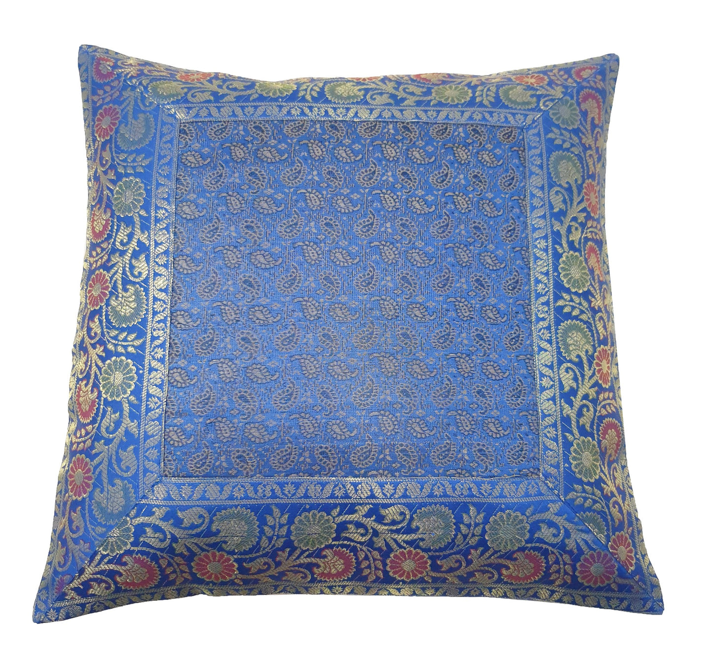 16x16" Banarasi Cushion Covers Indian Woven Zari Brocade Silk Paisley Blue Gift