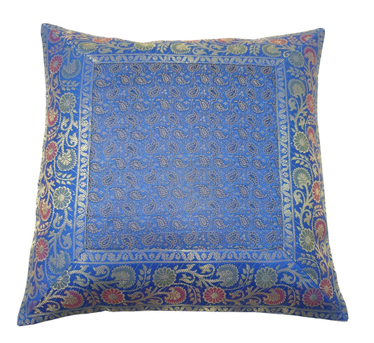 16x16" Banarasi Cushion Covers Indian Woven Zari Brocade Silk Paisley Blue Gift