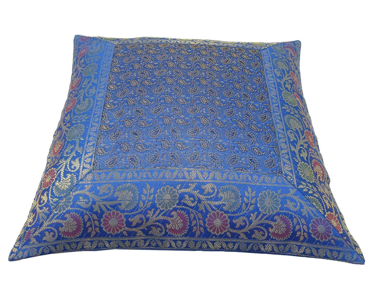 16x16" Banarasi Cushion Covers Indian Woven Zari Brocade Silk Paisley Blue Gift