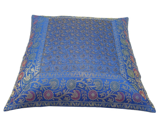 16x16" Banarasi Cushion Covers Indian Woven Zari Brocade Silk Paisley Blue Gift