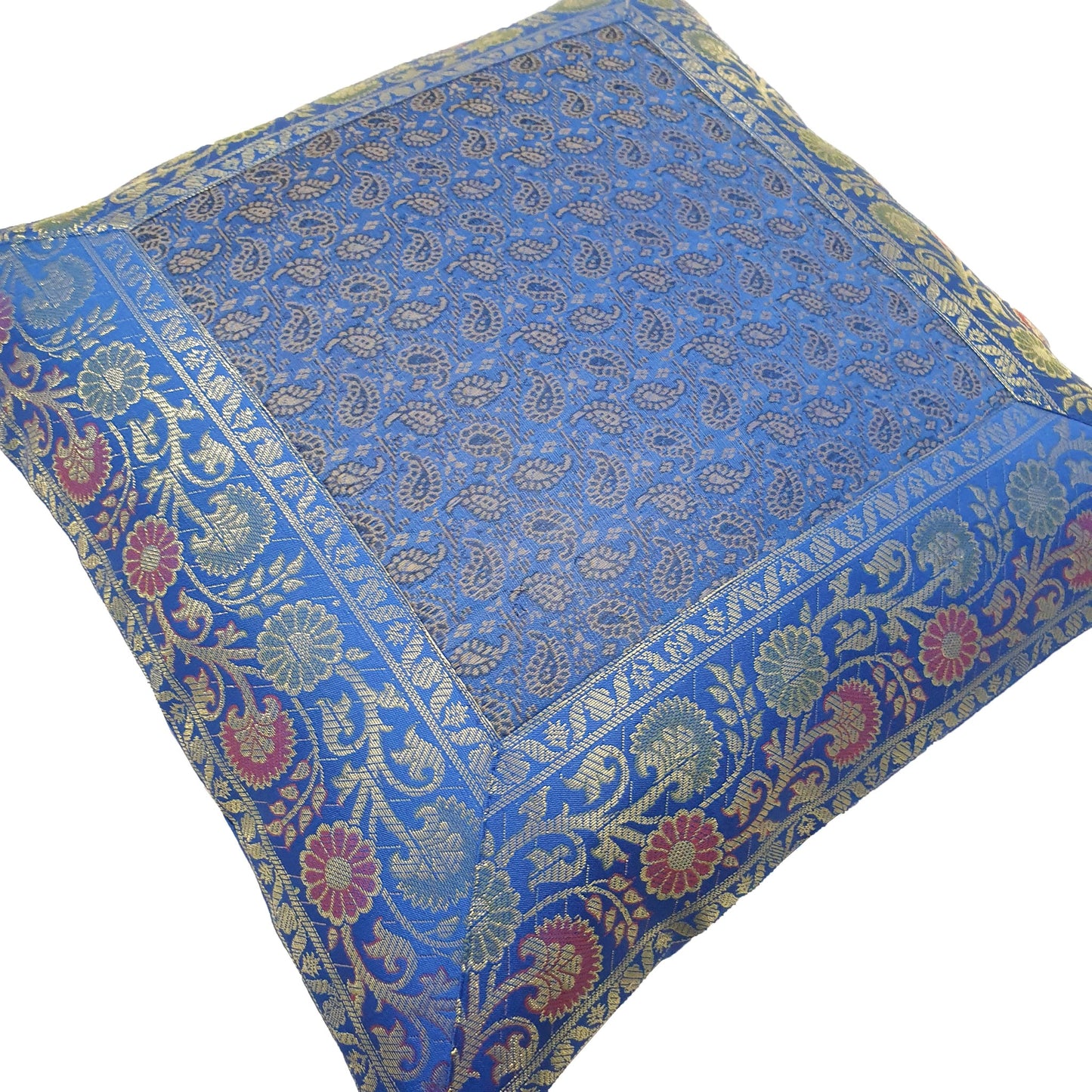16x16" Banarasi Cushion Covers Indian Woven Zari Brocade Silk Paisley Blue Gift