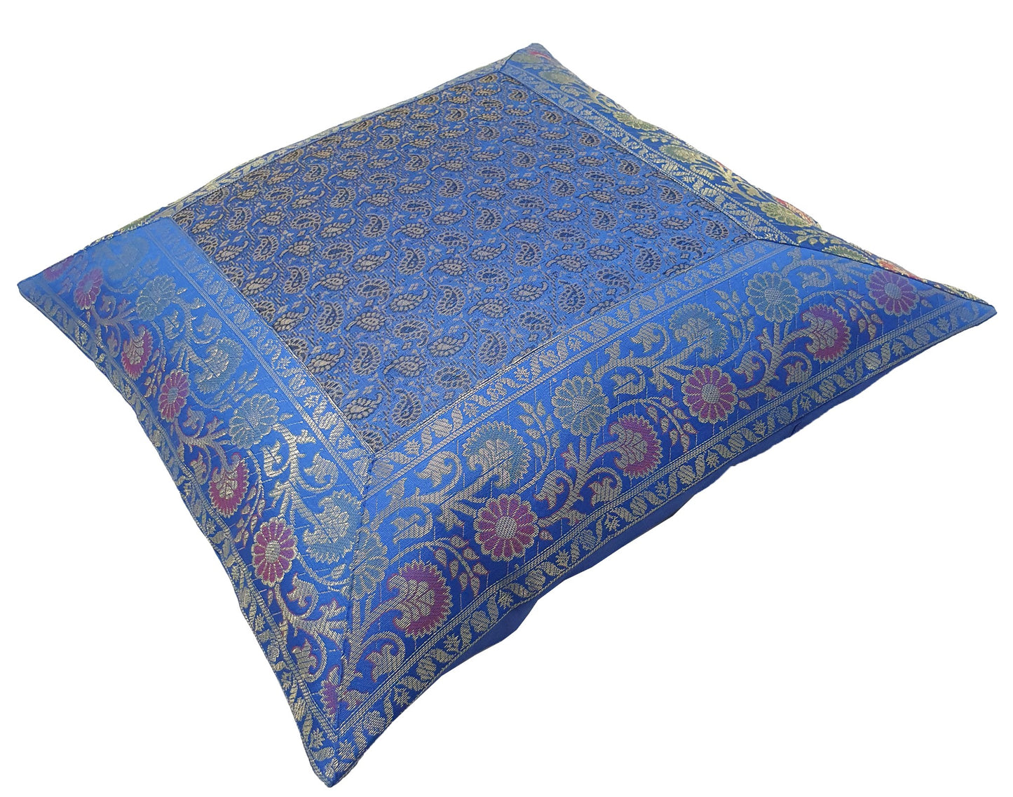 16x16" Banarasi Cushion Covers Indian Woven Zari Brocade Silk Paisley Blue Gift
