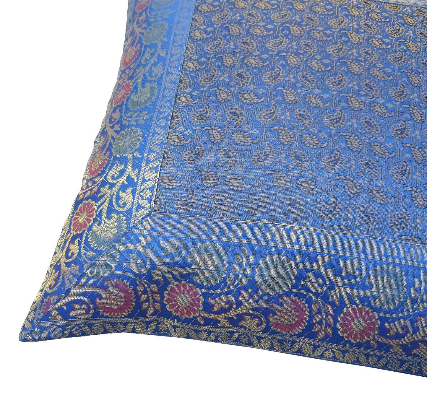 16x16" Banarasi Cushion Covers Indian Woven Zari Brocade Silk Paisley Blue Gift