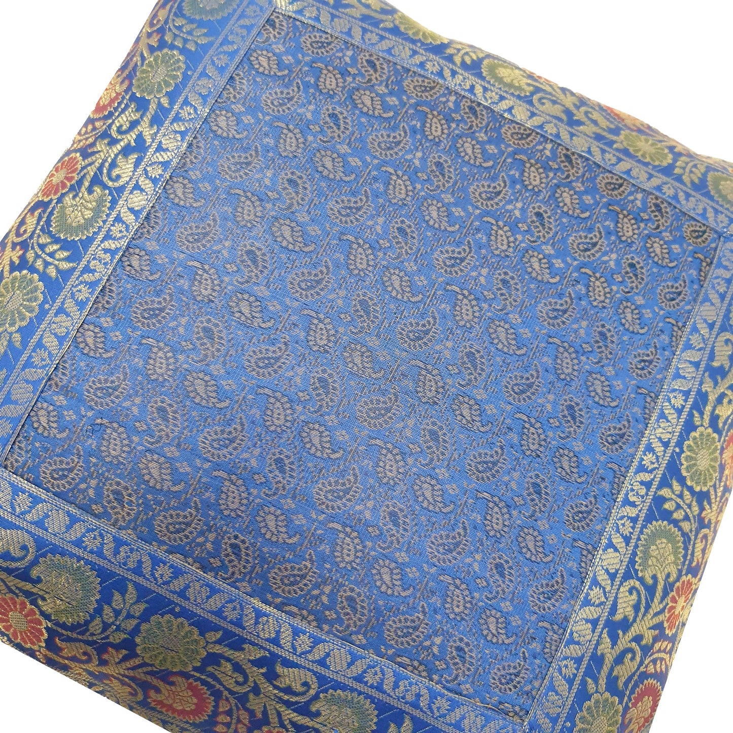 16x16" Banarasi Cushion Covers Indian Woven Zari Brocade Silk Paisley Blue Gift