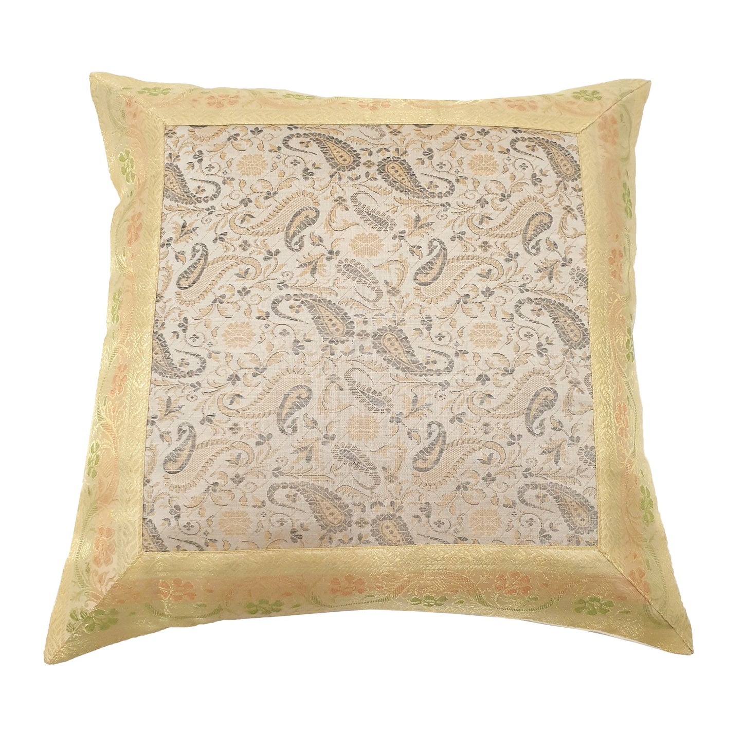 16x16" Banarasi Cushion Cover Indian Woven Brocade Silk Paisley Beige Gift