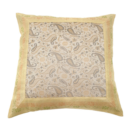 16x16" Banarasi Cushion Cover Indian Woven Brocade Silk Paisley Beige Gift