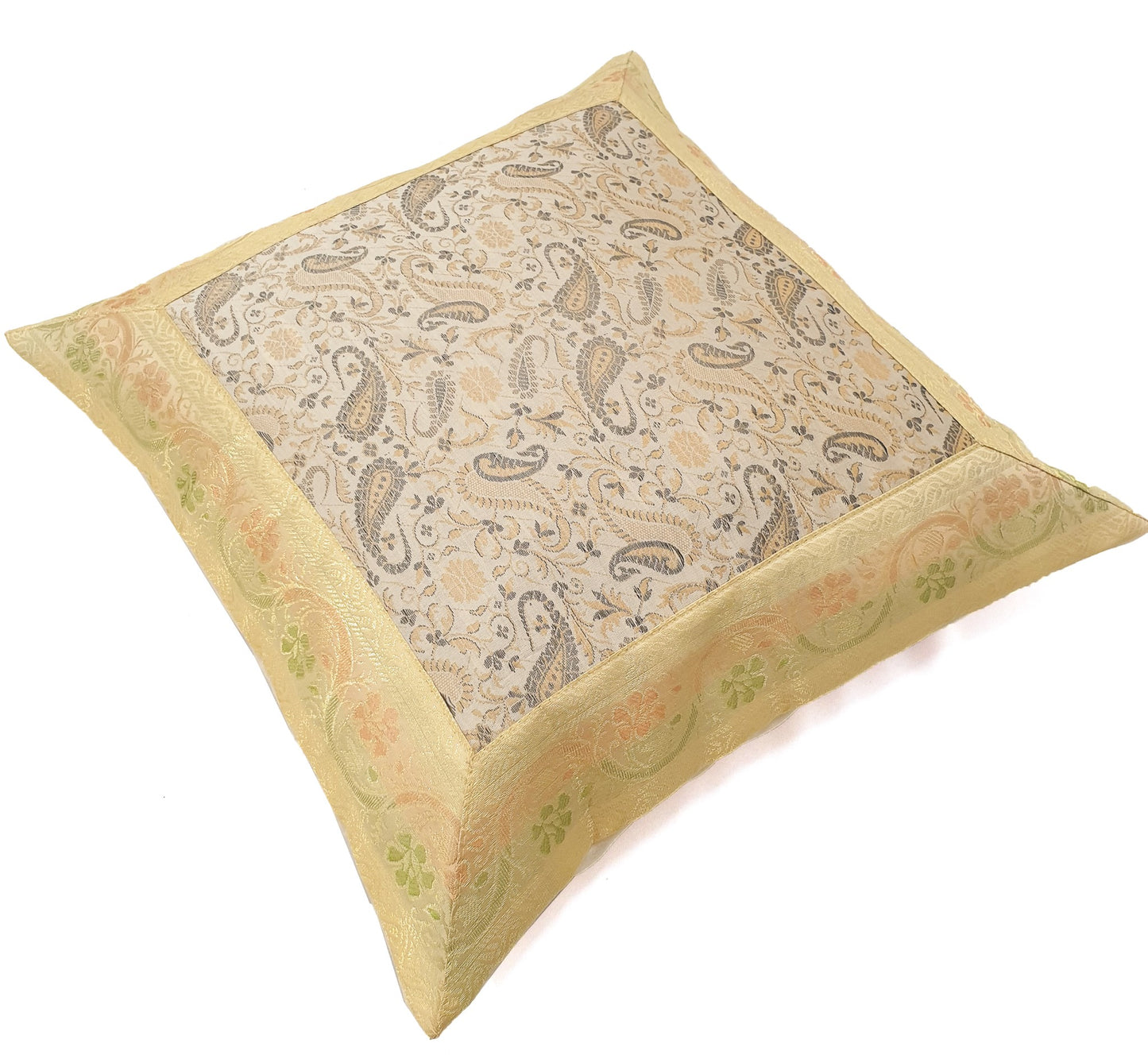 16x16" Banarasi Cushion Cover Indian Woven Brocade Silk Paisley Beige Gift