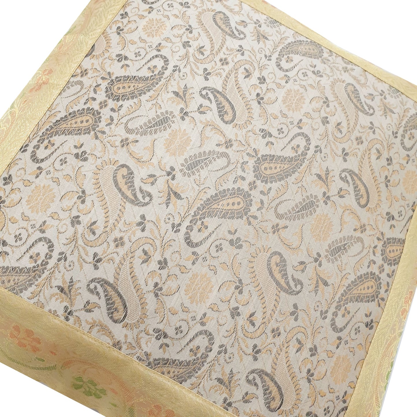 16x16" Banarasi Cushion Cover Indian Woven Brocade Silk Paisley Beige Gift