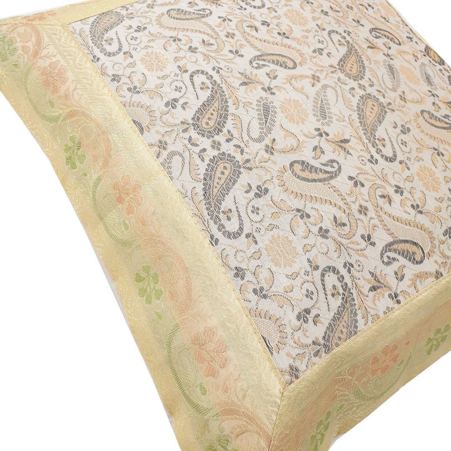 16x16" Banarasi Cushion Cover Indian Woven Brocade Silk Paisley Beige Gift