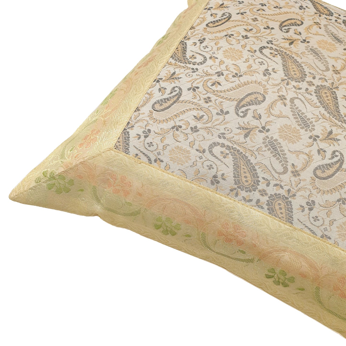 16x16" Banarasi Cushion Cover Indian Woven Brocade Silk Paisley Beige Gift