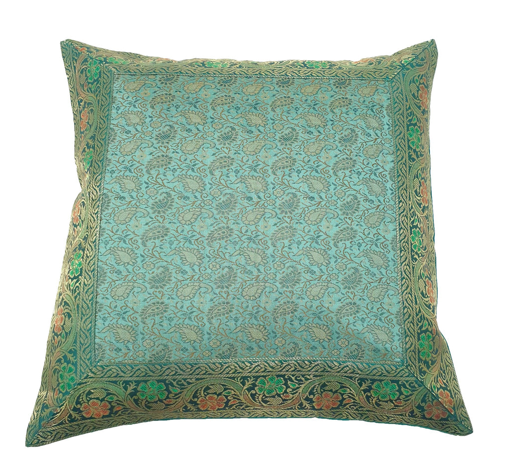 16x16" Banarasi Cushion Cover Indian Woven Brocade Silk Paisley Aqua Green Gift
