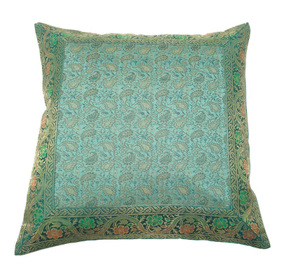 16x16" Banarasi Cushion Cover Indian Woven Brocade Silk Paisley Aqua Green Gift