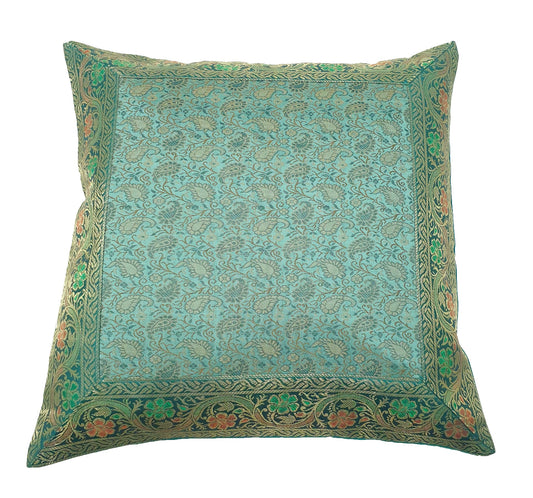16x16" Banarasi Cushion Cover Indian Woven Brocade Silk Paisley Aqua Green Gift