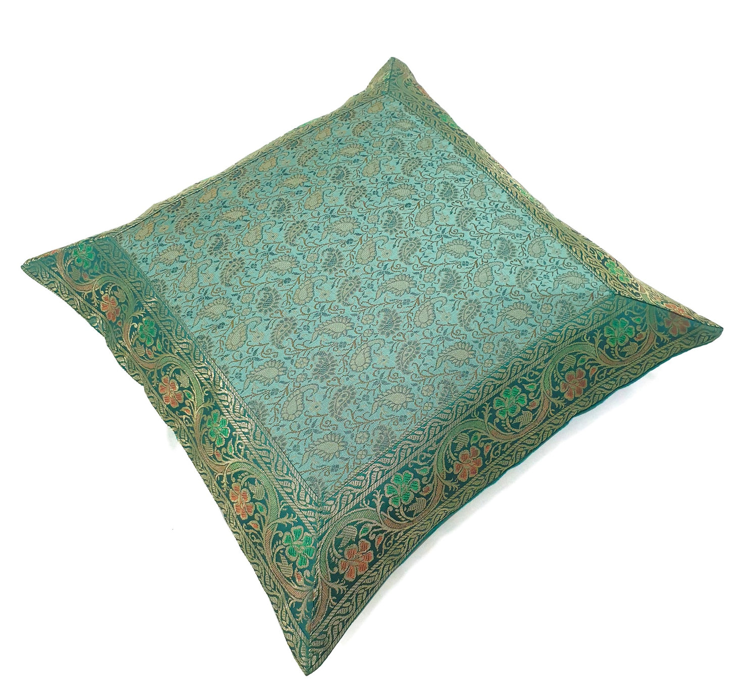 16x16" Banarasi Cushion Cover Indian Woven Brocade Silk Paisley Aqua Green Gift