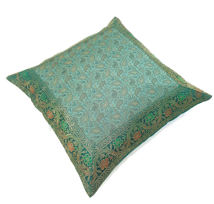 16x16" Banarasi Cushion Cover Indian Woven Brocade Silk Paisley Aqua Green Gift
