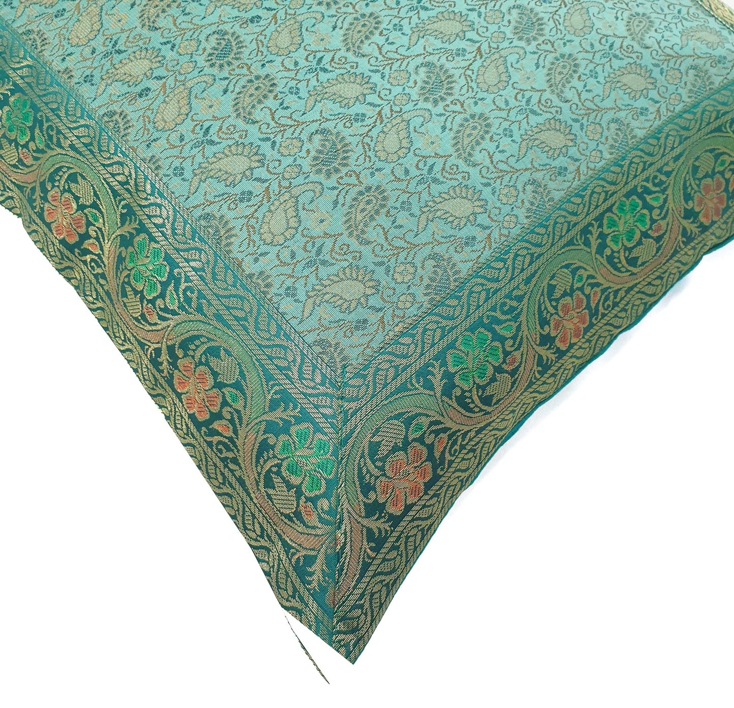 16x16" Banarasi Cushion Cover Indian Woven Brocade Silk Paisley Aqua Green Gift